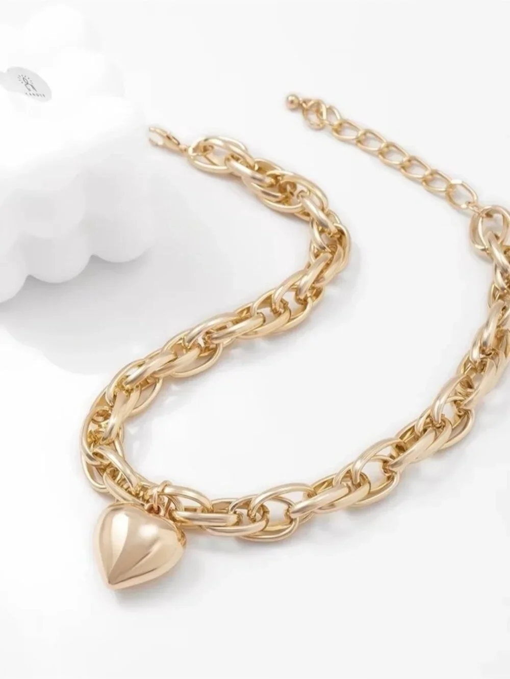 Shiny Gold tone Chunky Chain Necklace with Heart Pendant